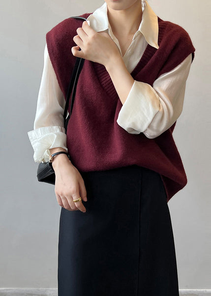 Simple Versatile Khaki V Neck Knit Vest Sleeveless AF1064 HS-VTP240914