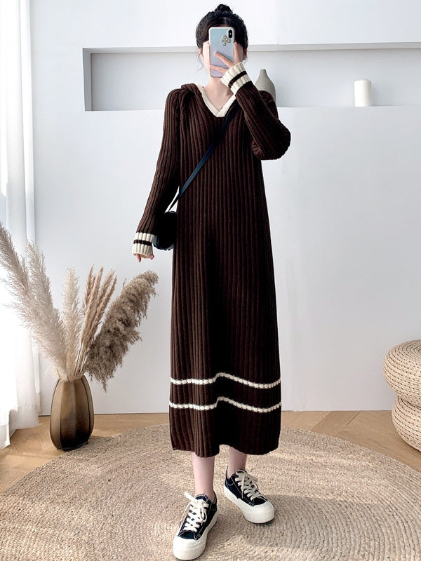 Urban Coffee Hooded V-Neck Long Sleeve Striped Knit Dress AN1051 Genistyle Shop