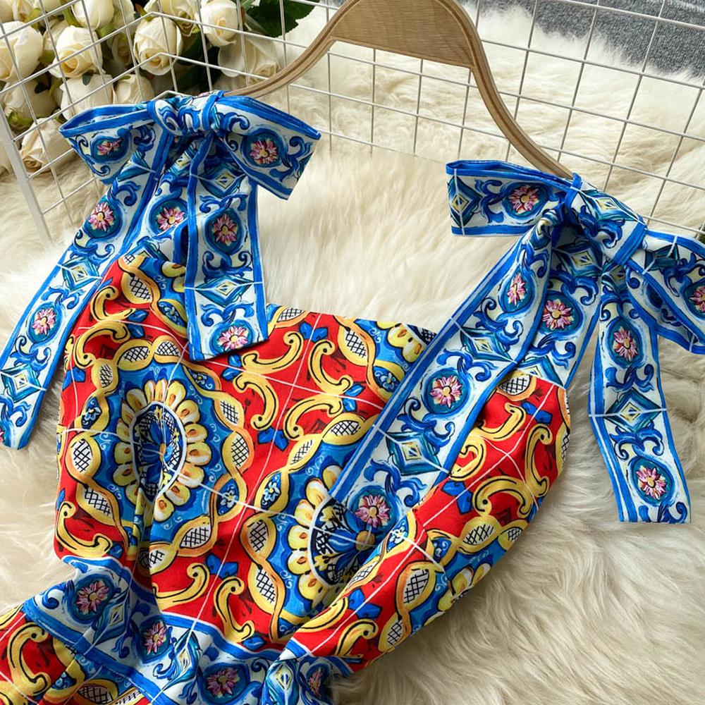 Retro Blue Square Neck Contrast Color Print Bow Decor Strap Ruffled Hem Dress AR1024 shopify