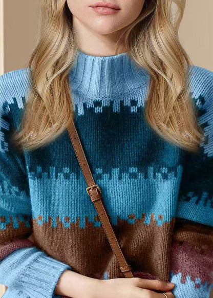 Loose Blue O Neck Thick Patchwork Knit Sweater Winter WV033 ABC
