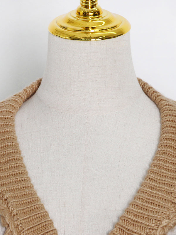 Stylish Khaki V-Neck Hollow Out Long Sleeve Knit Top AN1047 Genistyle Shop