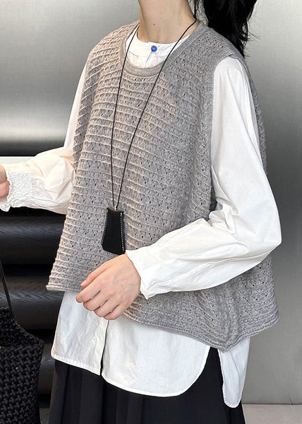 Plus Size Grey O Neck Hollow Out Knit Vest Sleeveless AF1084 HS-VTP240914