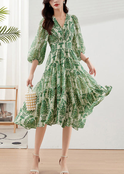 V Green Handmade Neck Bracelet Print Dresses Chiffon Vacation FashionChic