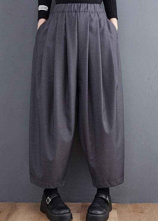 Pockets Crop Waist Elastic Cotton Spring Casual Grey Pants FashionChic