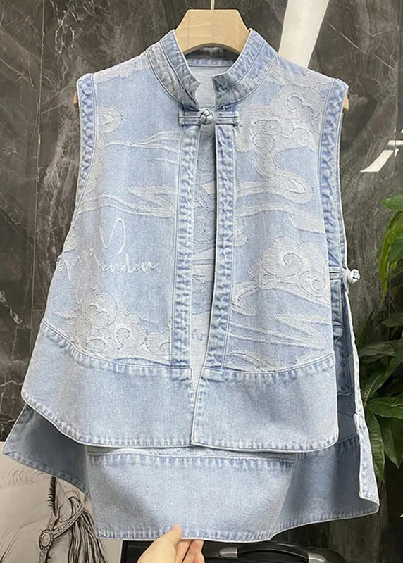 Chinese Style Blue Stand Collar Print Patchwork Low High Design Denim Waistcoat Summer NN035 shopify