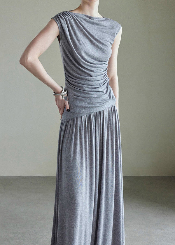 Handmade Grey Slash Neck Vest And Maxi Skirts Cotton Two Piece Set Sleeveless AJ1034 shopify