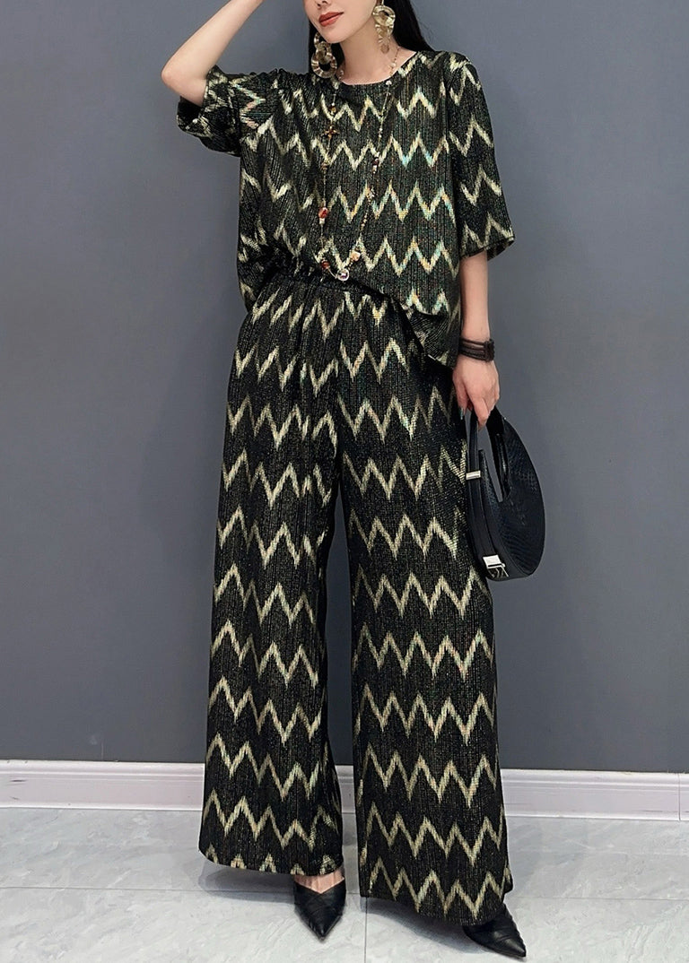 Casual Black Gold O-Neck Print And Wide Leg Pants T Shirt Two Pieces Set Short Sleeve AO1059 JDML-TPIEC240909