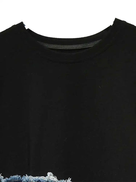 Denim Street Patchwork Sleeve White Short T-Shirt O-neck Hem FashionChic