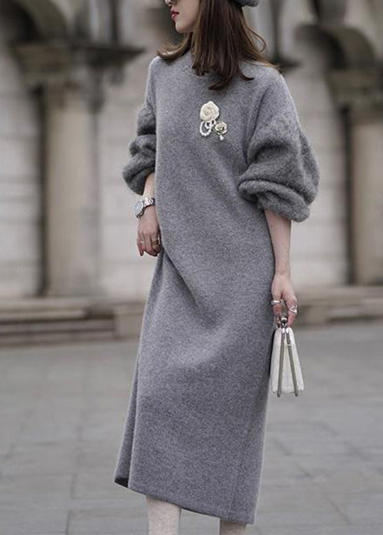 Italian Grey O Neck Woolen Sweater Dress Lantern Sleeve WV019 ABC