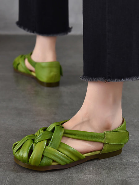 Summer Leather Flat Retro Women Weave Genuine Shoes FashionChic
