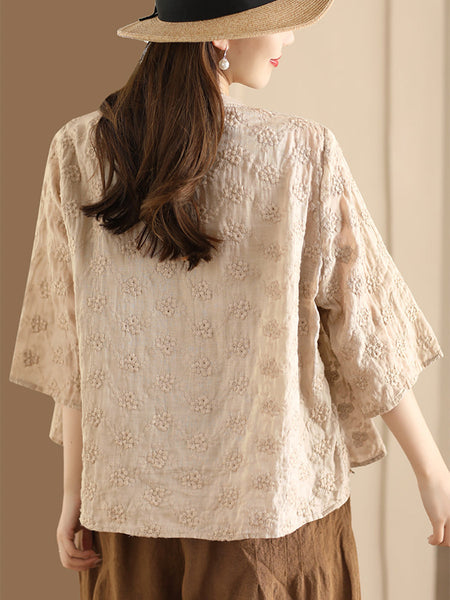 Women Ethnic Flower Jacquard Button-up Ramie Blouse SC1023 Ada Fashion