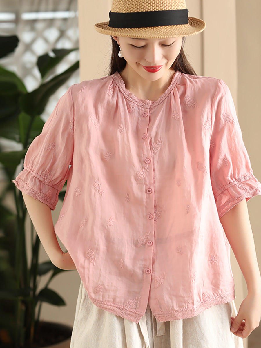 Women Summer Vintage Embroidery Button-up Ramie Shirt CX007 ZMMM