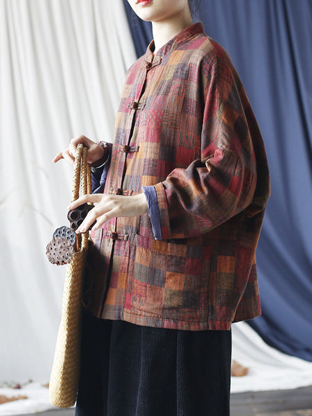 Women Vintage Spring Plaid Cotton Shirt Coat RR001 XIM