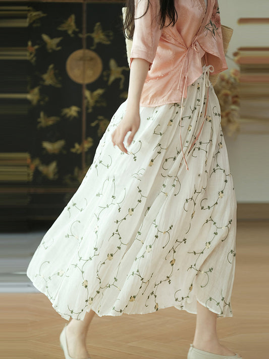 Women Summer Flower Thin Strap Linen Skirt RR1014 BUYKUD