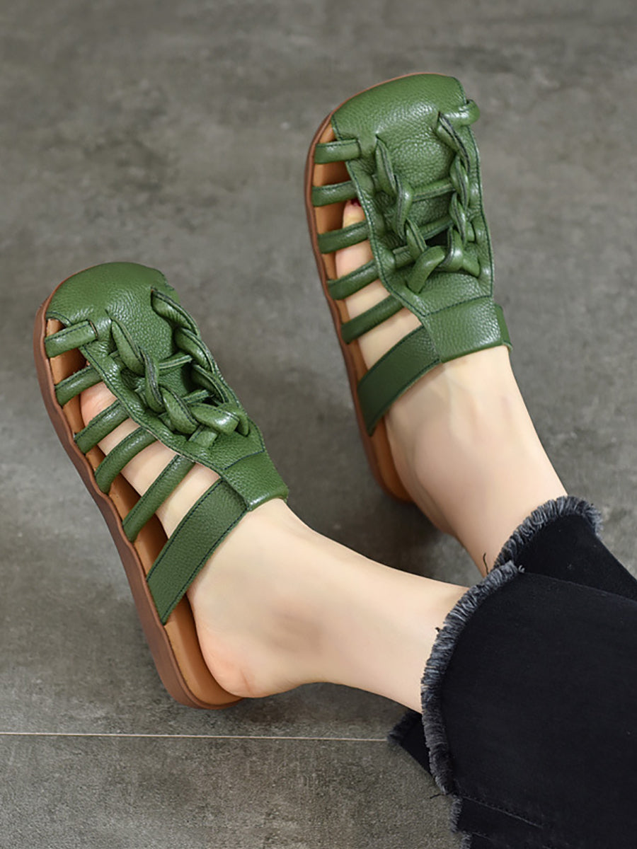 Women Summer Solid Leather Spliced Flat Slippers BN1002 Ada Fashion