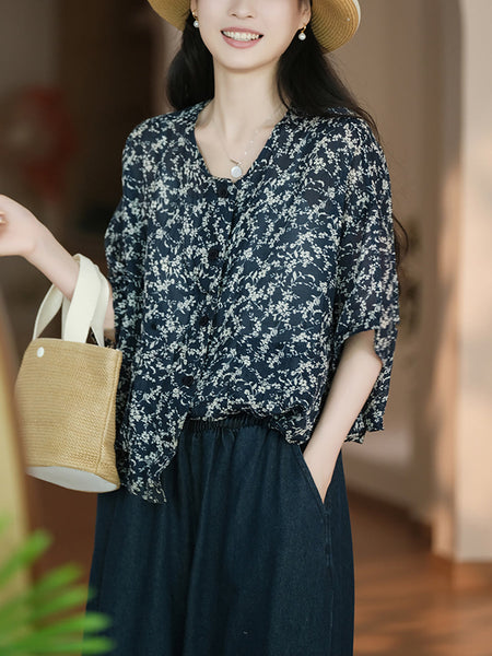 Women Summer Artsy Flower Button-up Pocket Ramie Shirt CC047 LPP