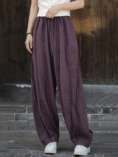 Women Ethnic Solid Raw-edge Wide-leg Ramie Pants FD053 BXF