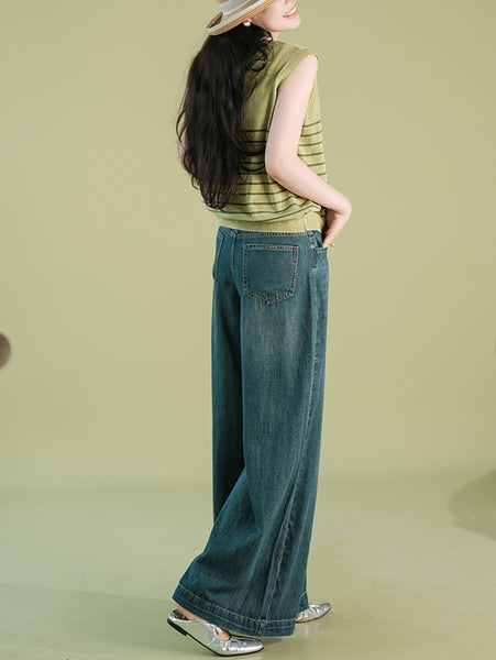 Women Summer Casual Stripe Knitted O-Neck Linen Vest CX004 BUYKUD