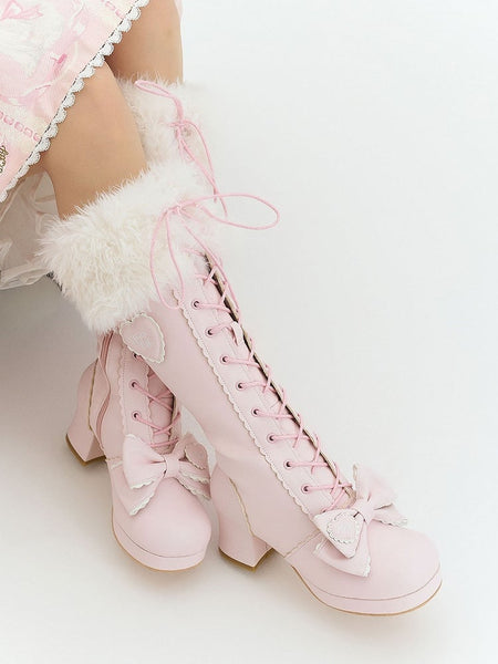 - Bow Cuff Accents Lolita Boots Plush Sweet with PU Knee-High Pink FashionChic