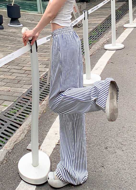 New Blue Striped Pockets Elastic Waist Cotton Pants Summer NN003 shopify