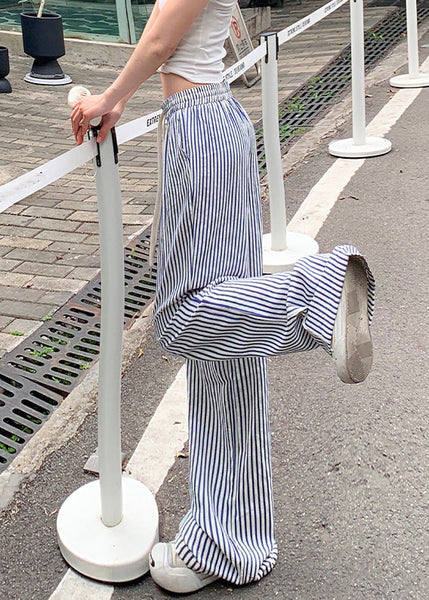 New Blue Striped Pockets Elastic Waist Cotton Pants Summer NN003 shopify