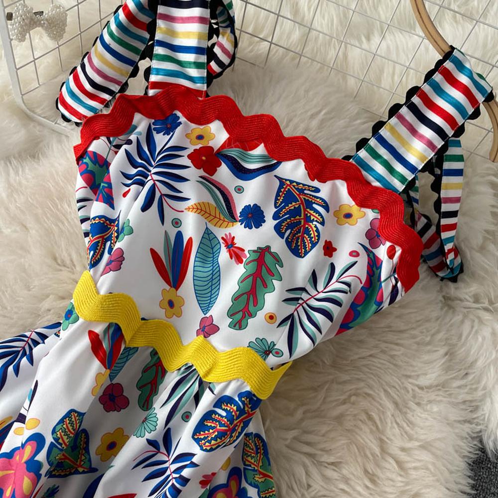 Art white Square Collar Rainbow Striped Floral Print Straps Dress AR1007 shopify