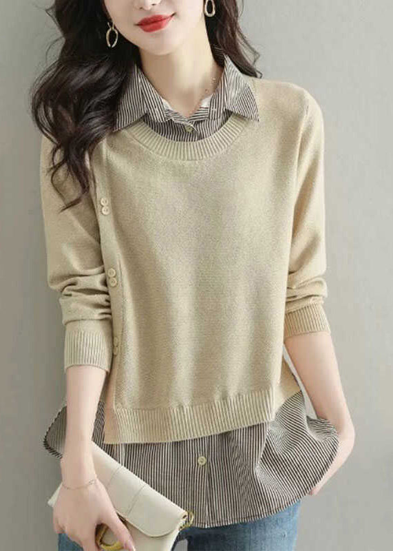 Natural Coffee Peter Pan Collar Patchwork Fake Two Pieces Wool Knit Shirt Fal WD038 OL-NTP241103