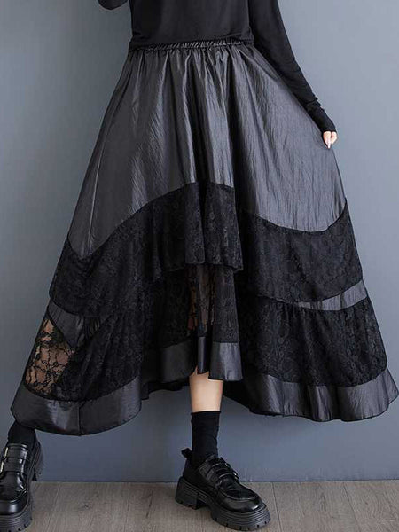 Goth Black Elasticity Layered Irregular Hem Patchwork Lace A-Line Skirt TW023 ABC