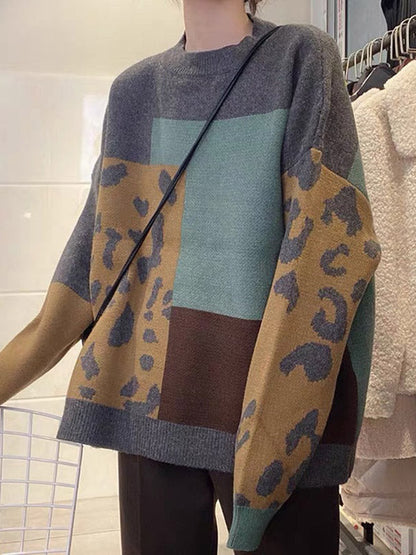Original Brown Round-Neck Contrasting Color Blocks Leopard Long Sleeve Sweater AN1048 Genistyle Shop