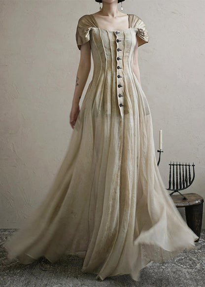 Square Button Collar Summer Vintage Long Dress FashionChic
