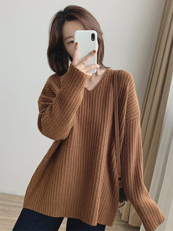 Vintage Caramel V-Neck Long Sleeves Striped Knit Sweater QX001 shopify