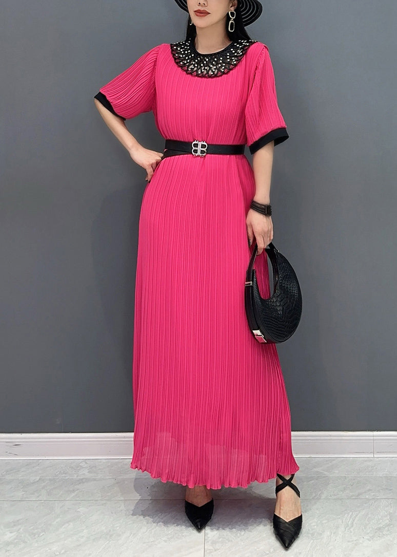 Style Red O-Neck Wrinkled Long Dress Short Sleeve AO1023 JDML-SDL240909