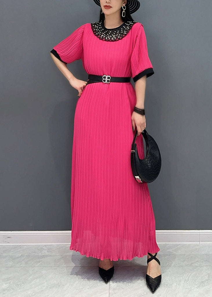 Style Red O-Neck Wrinkled Long Dress Short Sleeve AO1023 JDML-SDL240909