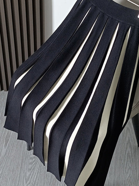 A-line Pleated Retro Skirt Knit Contrast White Color FashionChic