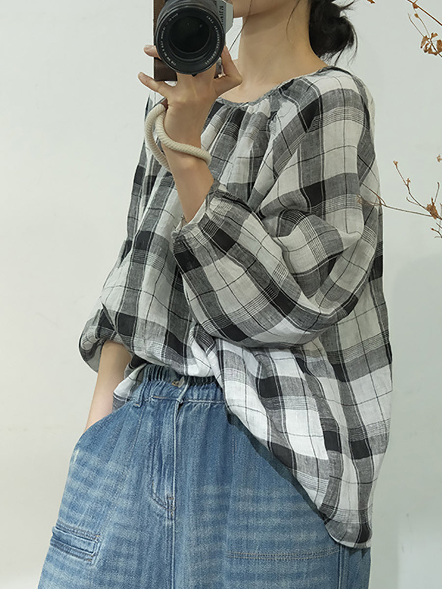 Women Spring Plaid Artsy Linen Loose Blouse KL1048 Ada Fashion