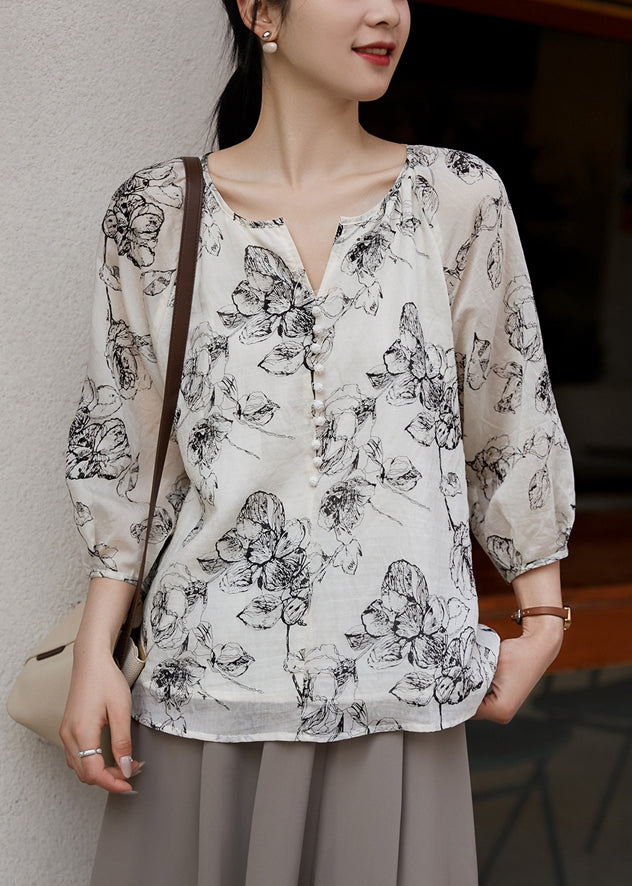 White Boho Oversized Shirts Sleeve Bracelet Cotton Print FashionChic