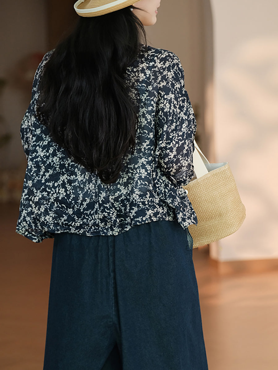 Women Summer Artsy Flower Button-up Pocket Ramie Shirt CC047 LPP