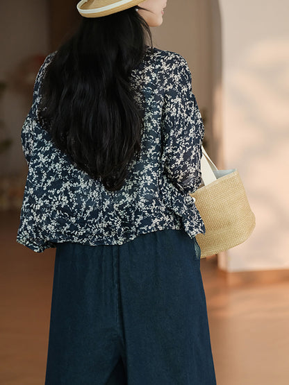 Women Summer Artsy Flower Button-up Pocket Ramie Shirt CC047 LPP