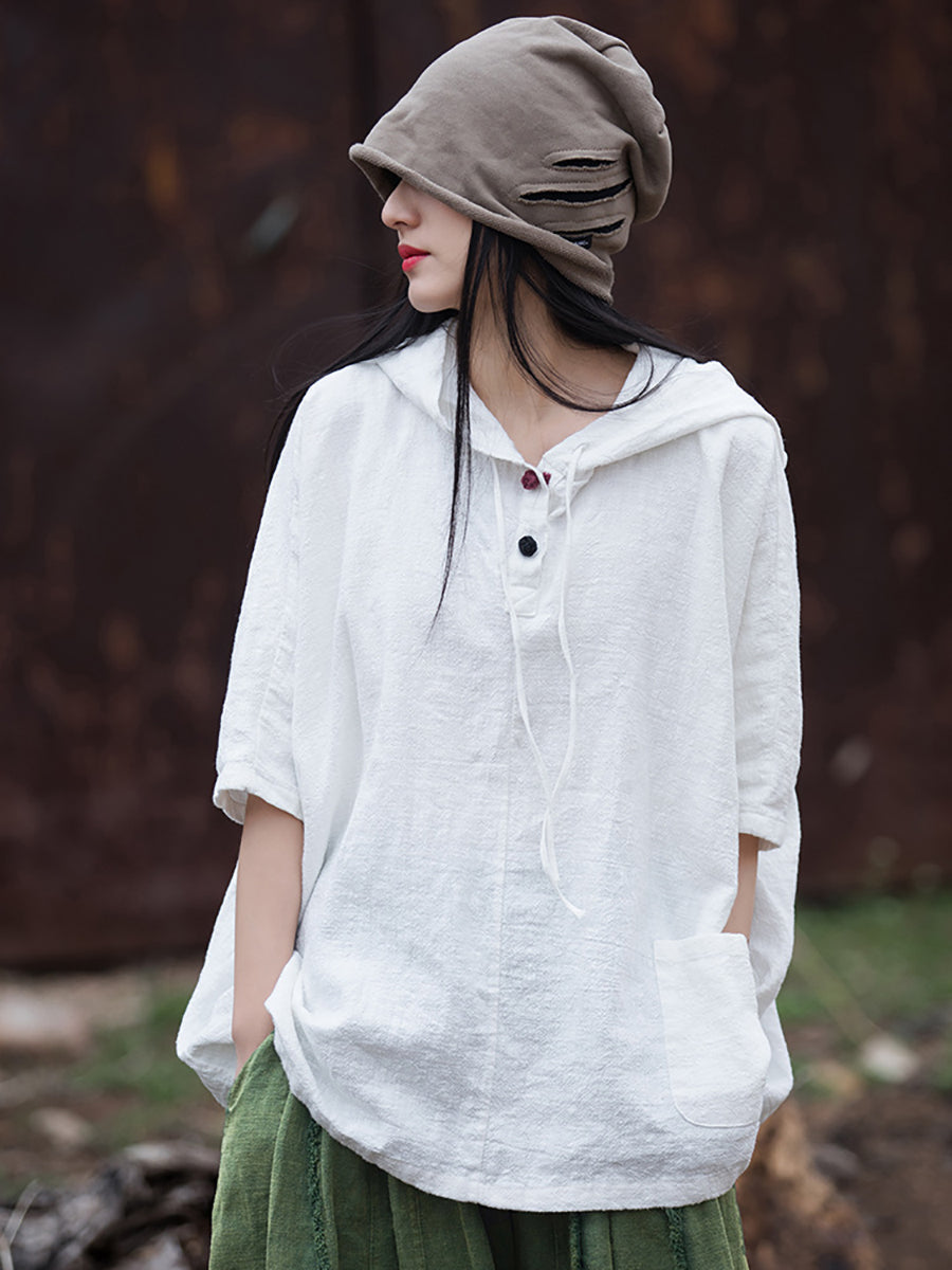 Women Summer Retro Solid Loose Hooded Ramie Shirt CC045 BXF