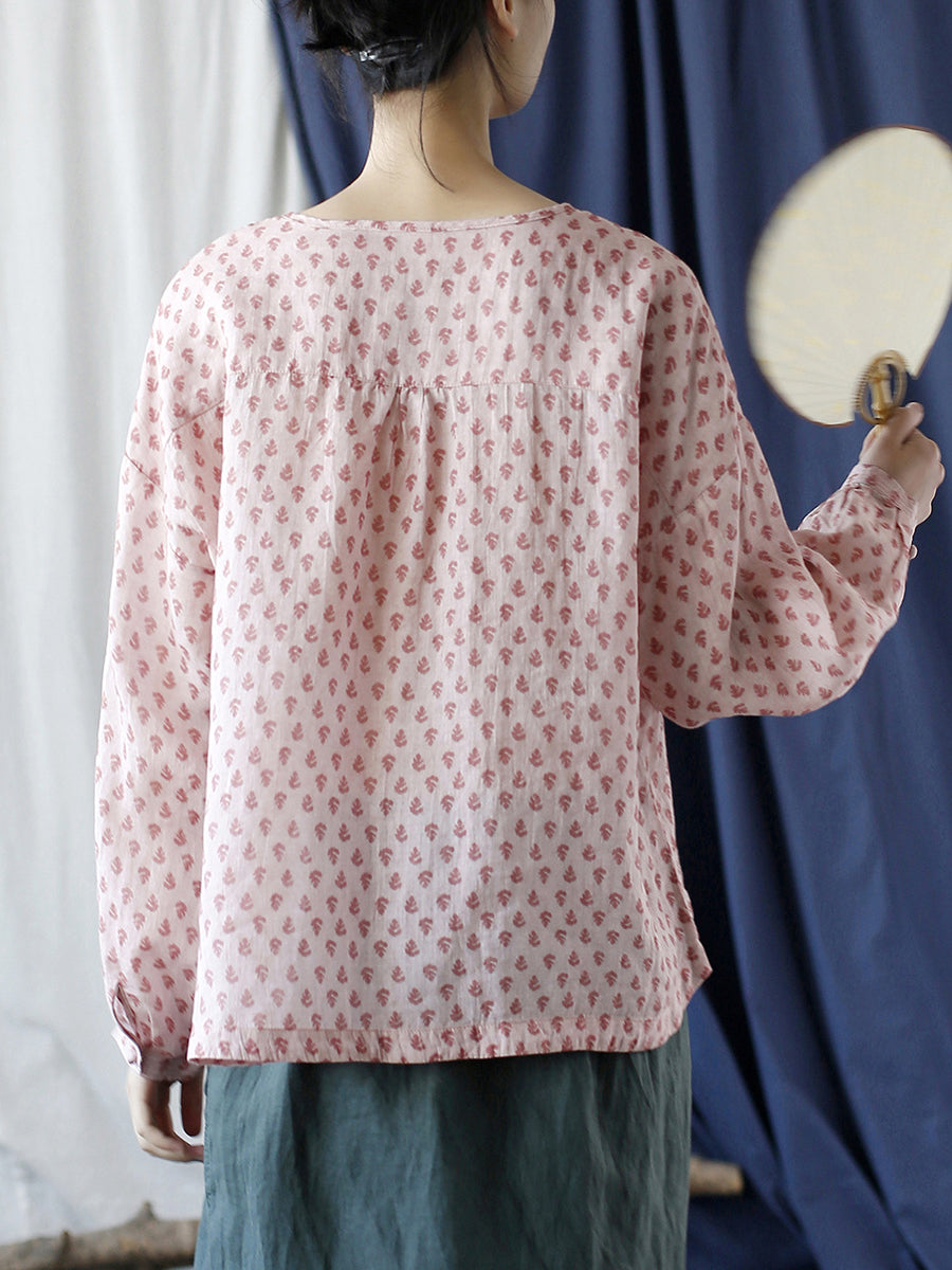 Women Vintage Floral Spring Ramie Button-up Shirt AA1004 Ada Fashion