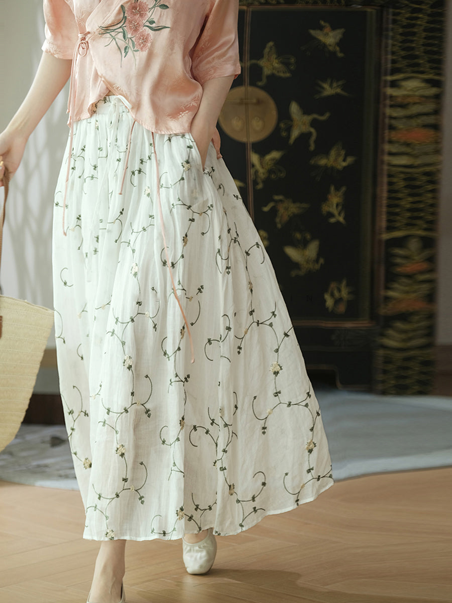 Women Summer Flower Thin Strap Linen Skirt RR1014 BUYKUD