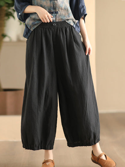 Women Summer Vintage Solid Linen Wide-leg Pants FD038 ZMMM