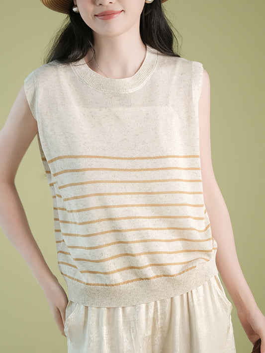 Women Summer Casual Stripe Knitted O-Neck Linen Vest CX004 BUYKUD