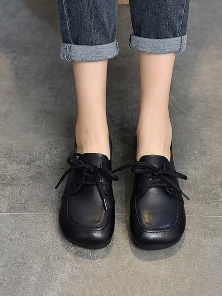 Women Summer Retro Solid Leather Square Toe Flat Shoes CX041 TZTJ