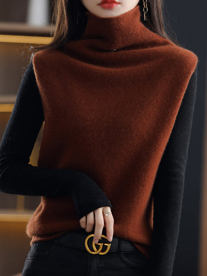 Women Casual Wool Turtleneck Soft Knit Vest QU025 BUYKUD