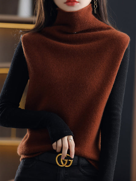 Women Casual Wool Turtleneck Soft Knit Vest QU025 BUYKUD