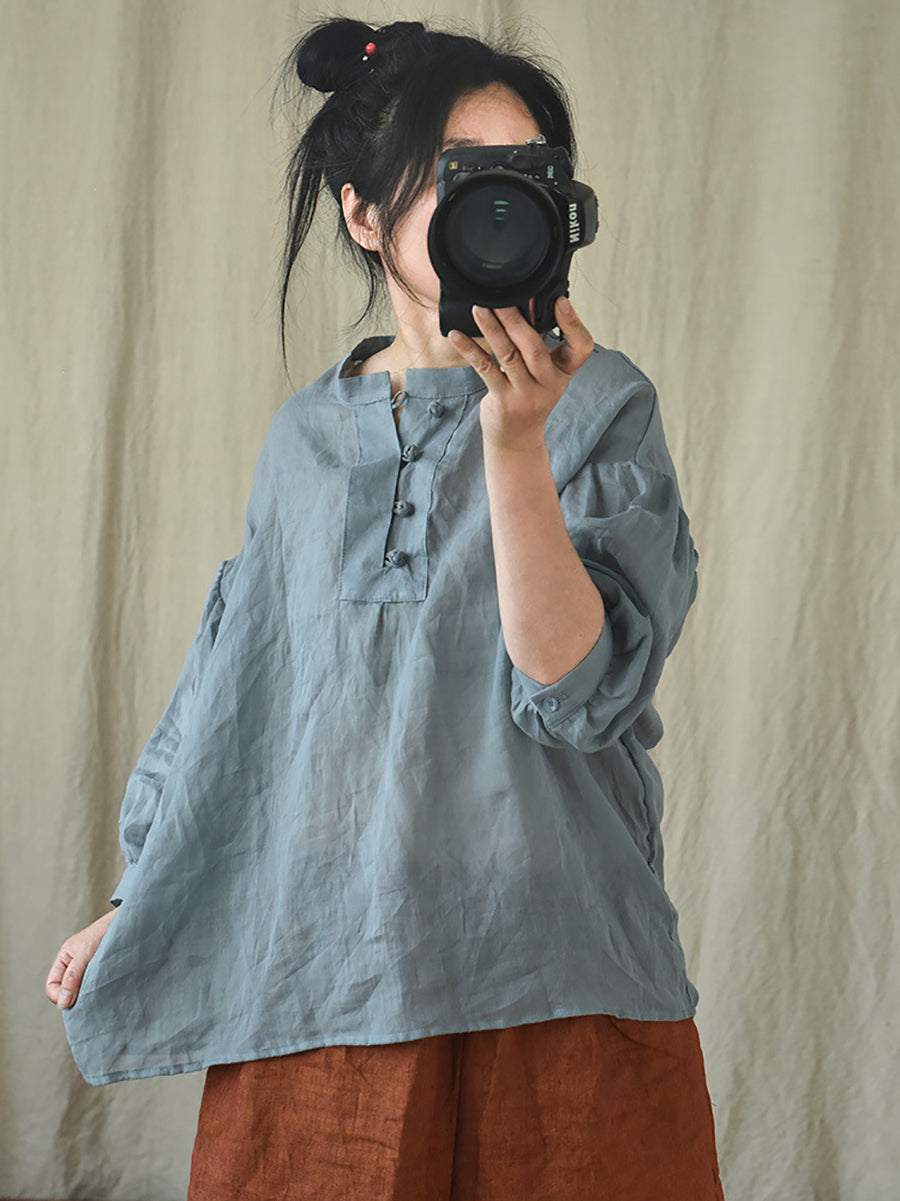 Women Vintage Solid 100%Ramie Summer Loose Shirt AS1047 QYMM