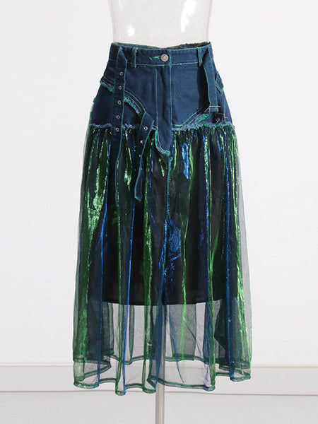 Denim Shiny Waisted Skirt A-Line Green Belted Chic High Tulle FashionChic