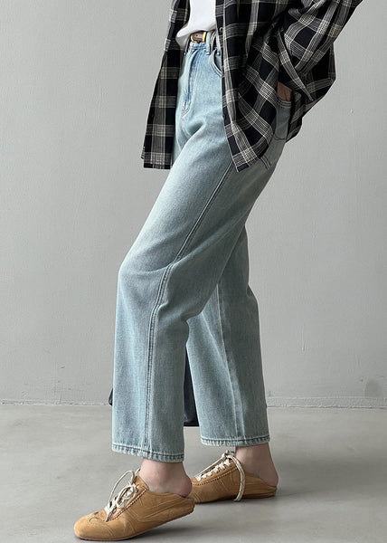 Simple Light Blue High Waist Pockets Denim Straight Pants Fall WD017 HS-LPTS241103