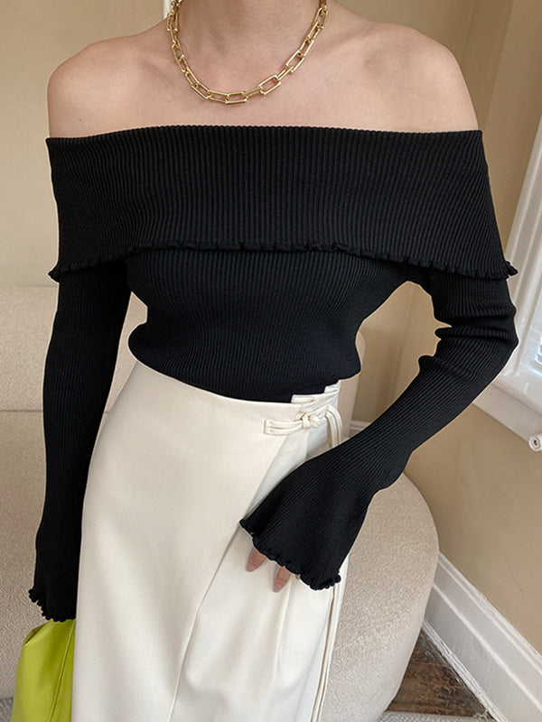 French Black Off-shoulder Long Sleeve Knit Top AN1069 Genistyle Shop